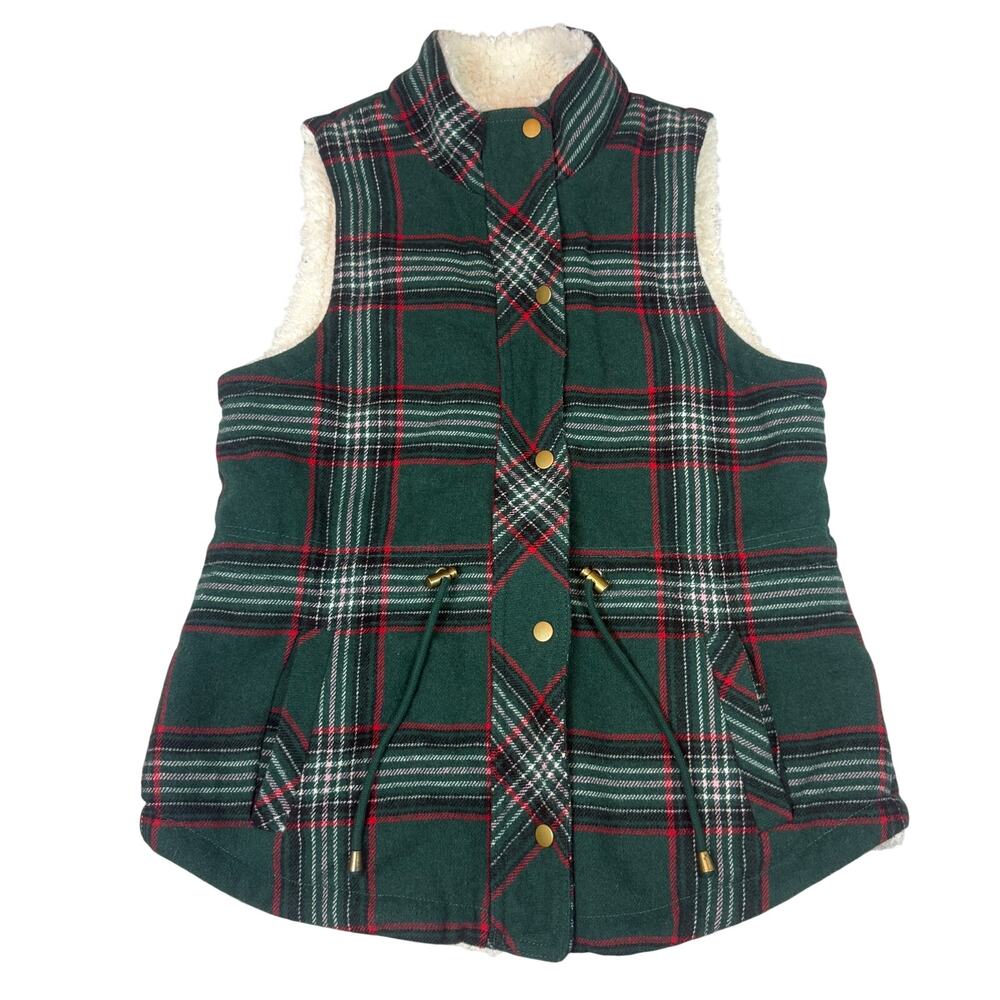 Maurices Green Plaid Sherpa Lined Vest Medium Womens Cabin Core Fall Winter Warm